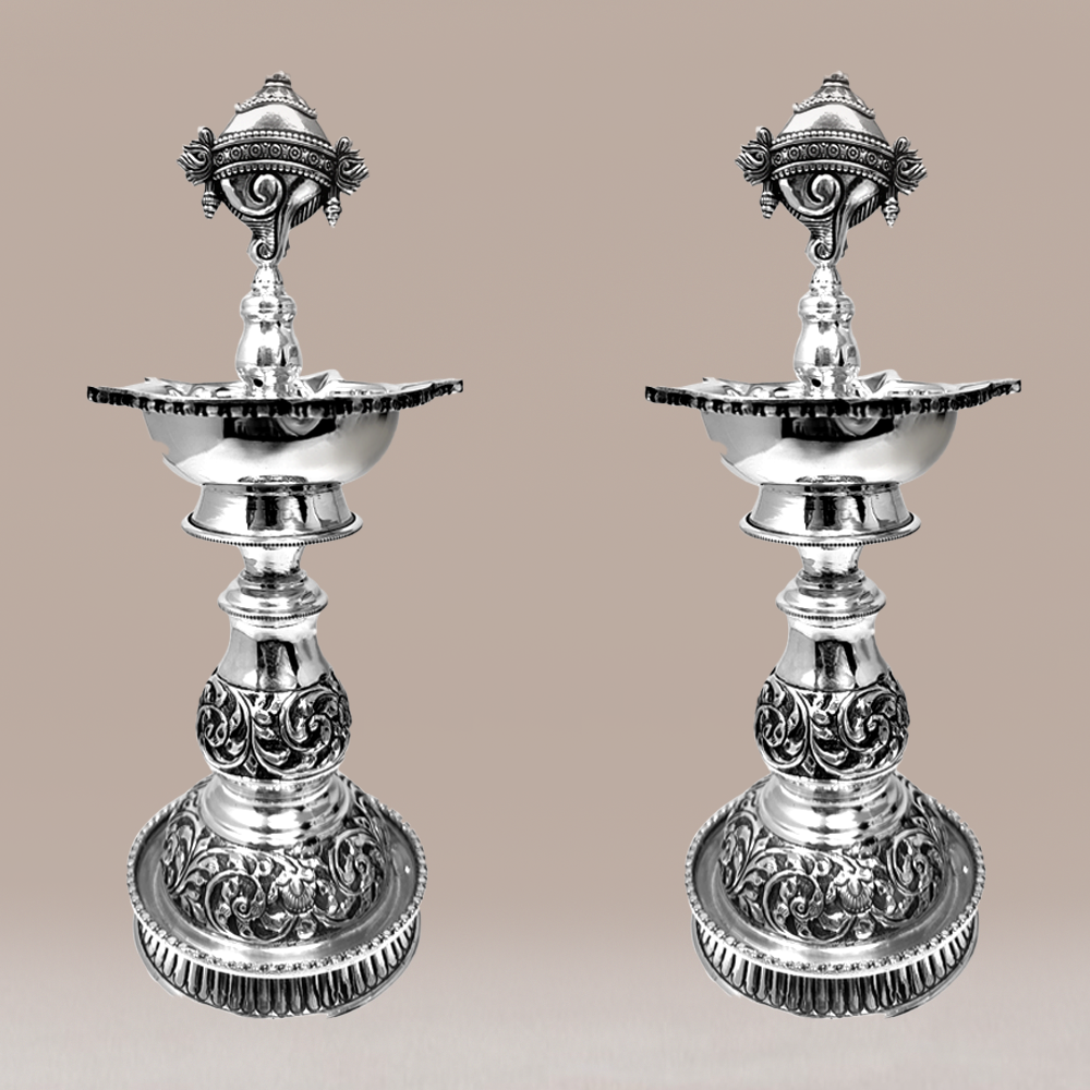 Shanku Chakra with Floral Style Silver Deepa Lamps