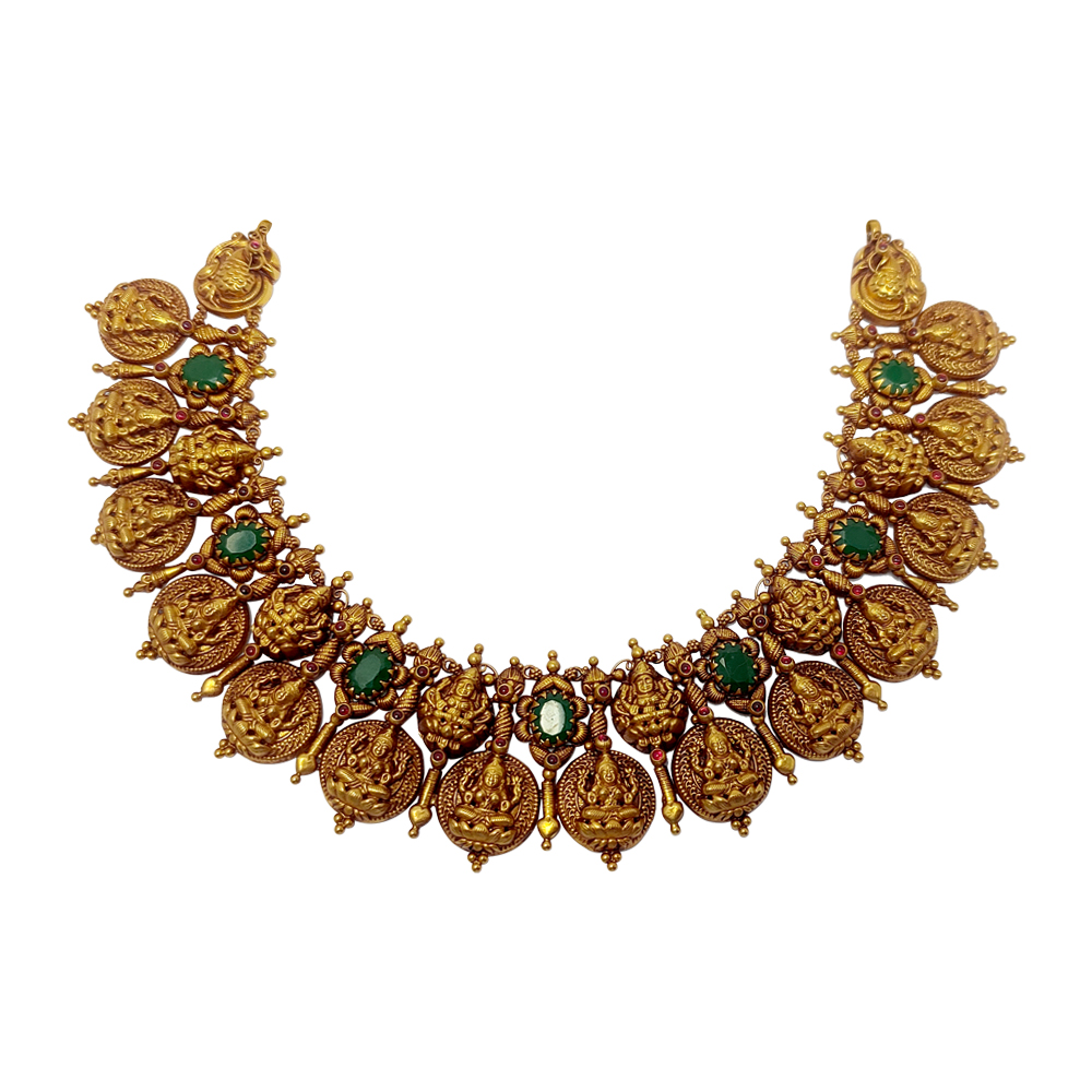 Gold necklace with green on sale stone